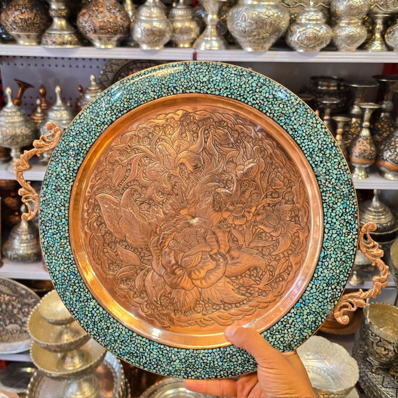 سینی فیروزه کوبی گرد دسته دار طرح نفیس